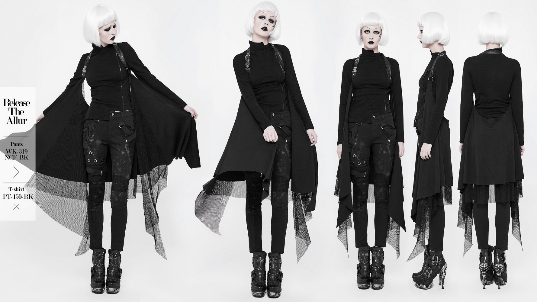 Gothic women’s asymmetrical black cape with lace trim, styled with edgy footwear and sleek pants for a bold look.