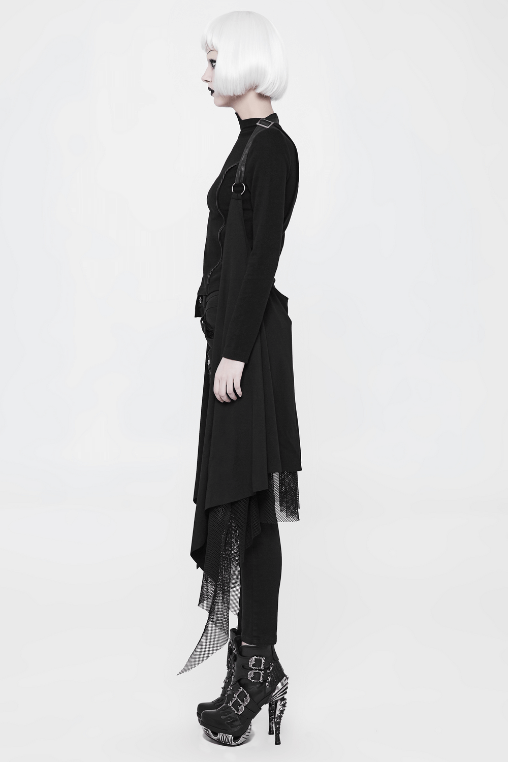Edgy black asymmetrical lace-trim cape for women with stylish buckles and sleek silhouette.