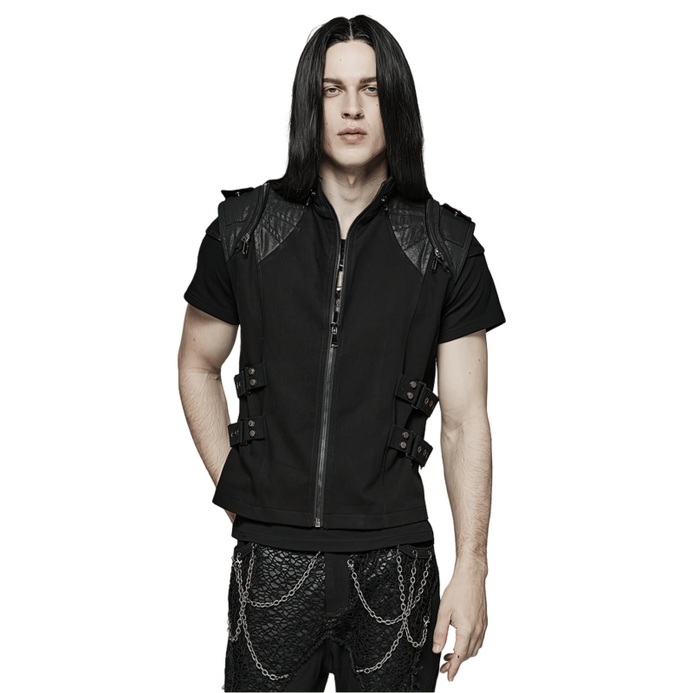 Edgy black gothic vest with buckles, showcasing punk style and unique design for the perfect fit.
