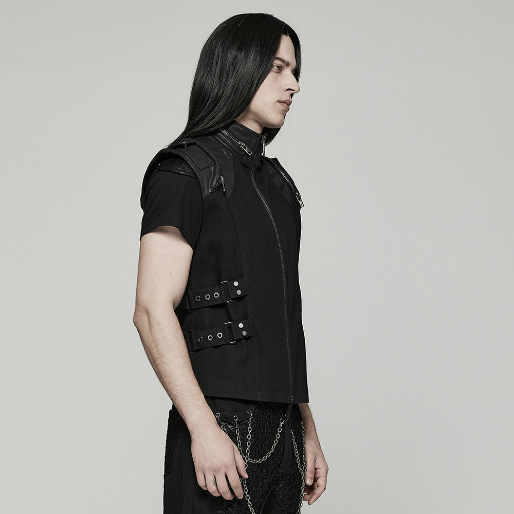 Model showcasing an edgy black Gothic vest with buckle details and a zippered front, perfect for punk style.