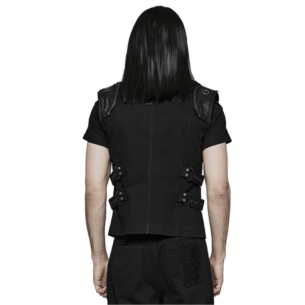 Back view of an edgy black buckle-up gothic vest with shoulder buckles, showcasing punk style and unique design.