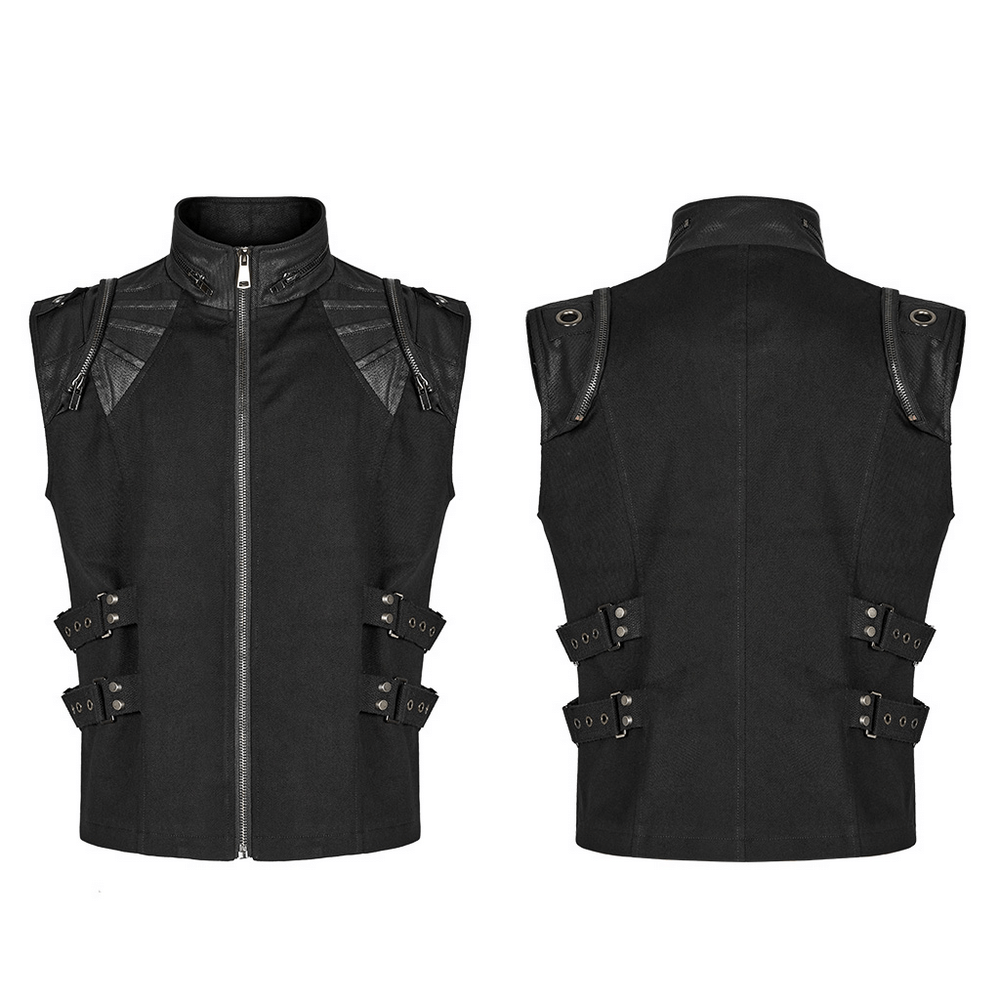 Edgy black Gothic vest with buckle details and zippered front for punk style enthusiasts.