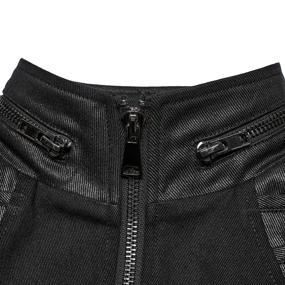Close-up of the edgy black buckle-up gothic vest showcasing stylish zipper details and premium fabric.