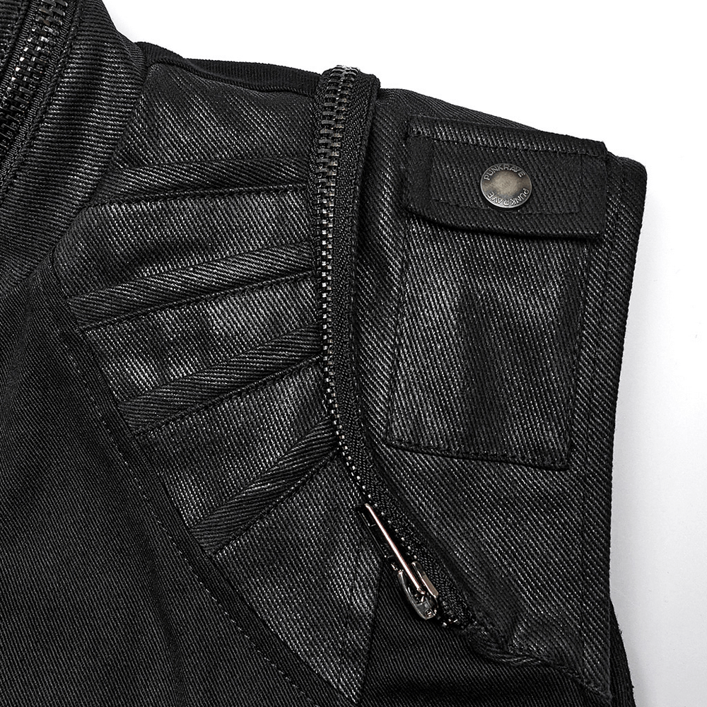 Close-up of the edgy black gothic vest showcasing zipper details and a practical chest pocket for punk fashion enthusiasts.