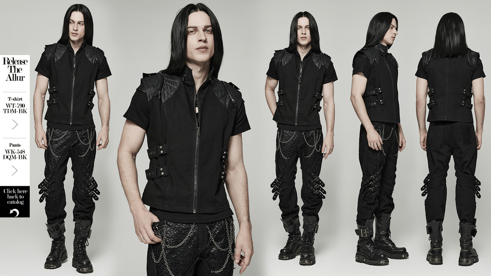 Edgy black gothic vest with buckles, worn with stylish punk pants and boots, perfect for an alternative fashion look.