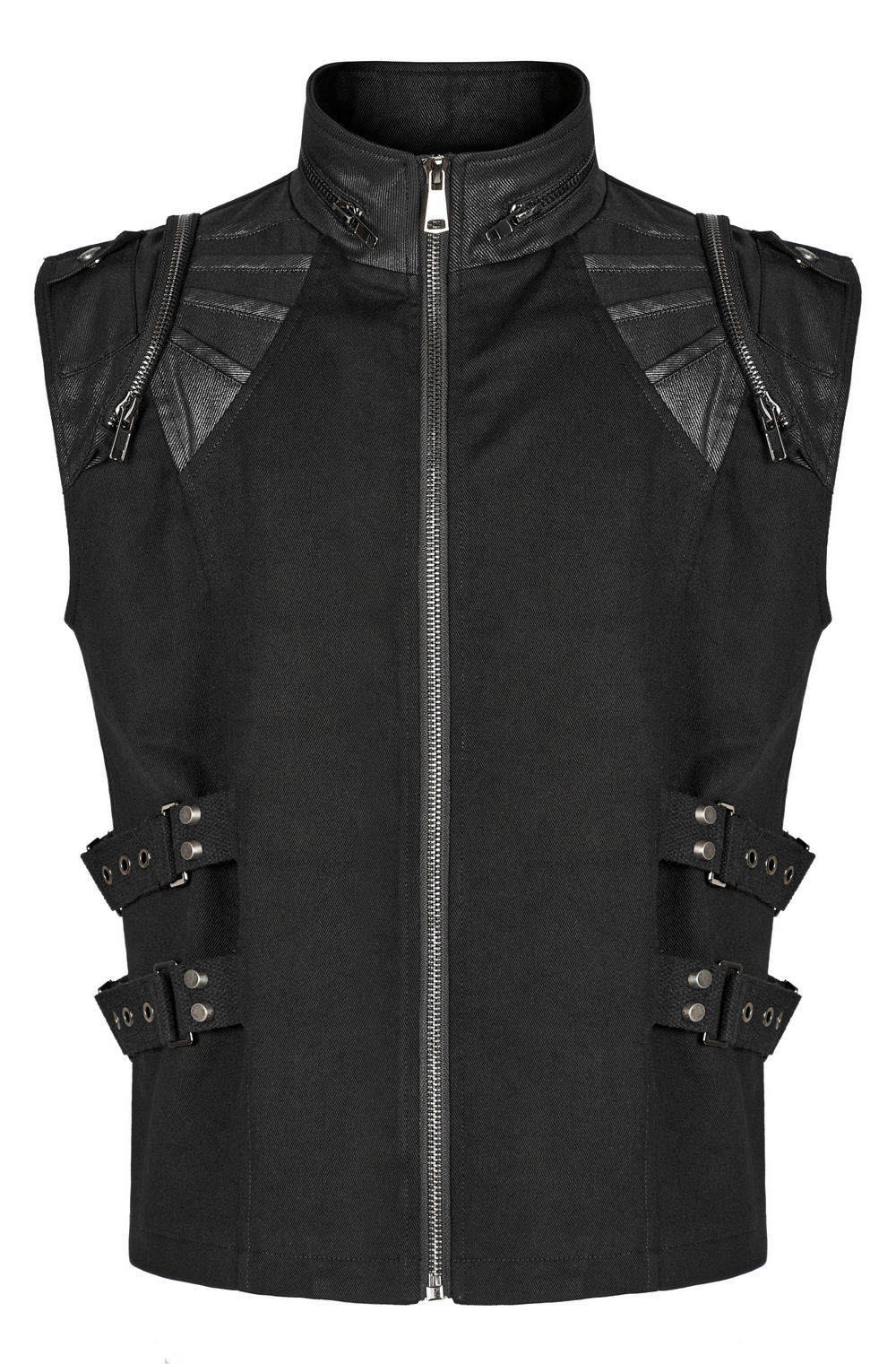 Edgy black buckle-up gothic vest for punk style with unique shoulder details and zippered front.