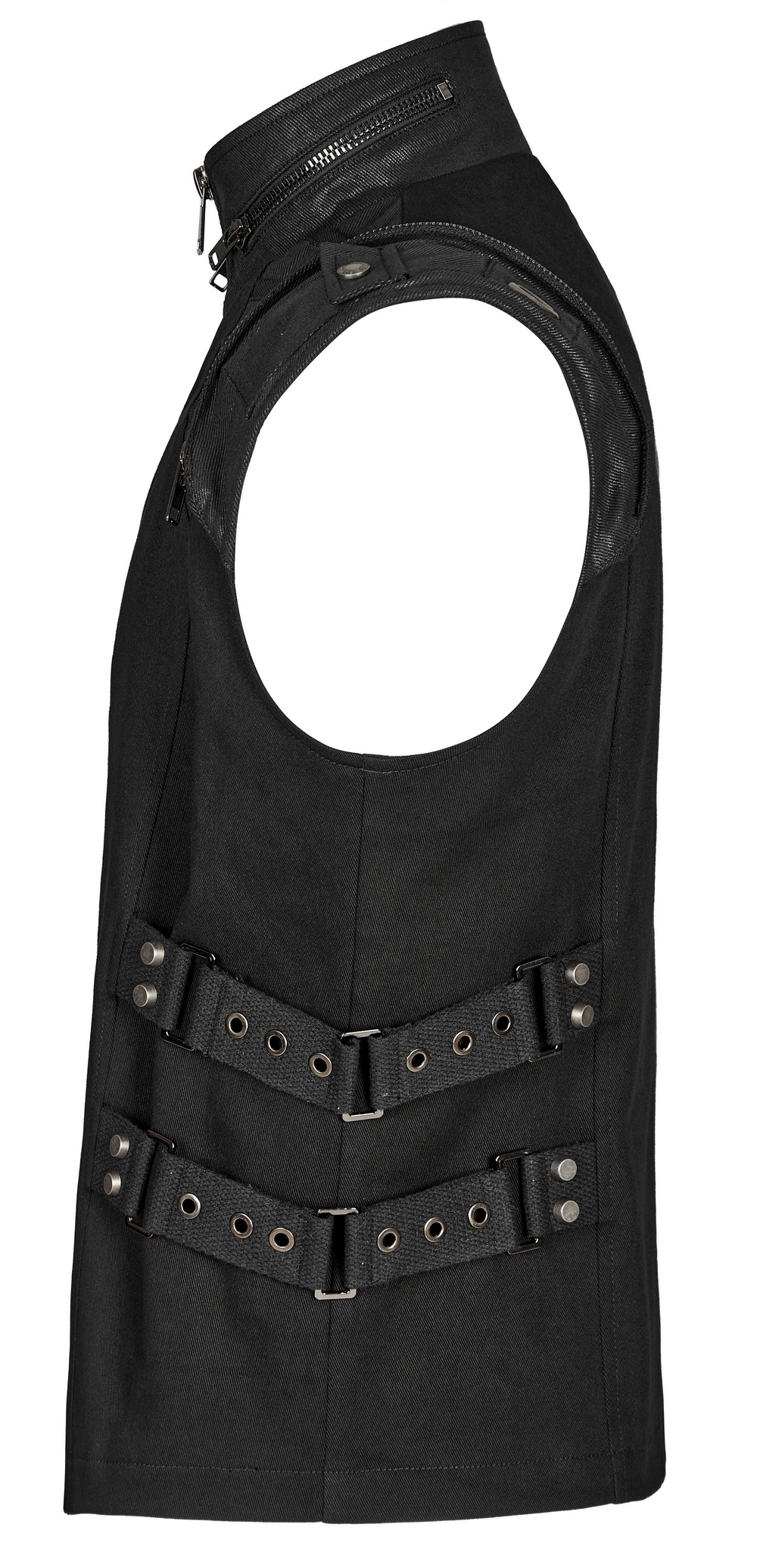 Edgy black gothic vest with buckle details and zippered collar, perfect for punk style enthusiasts.