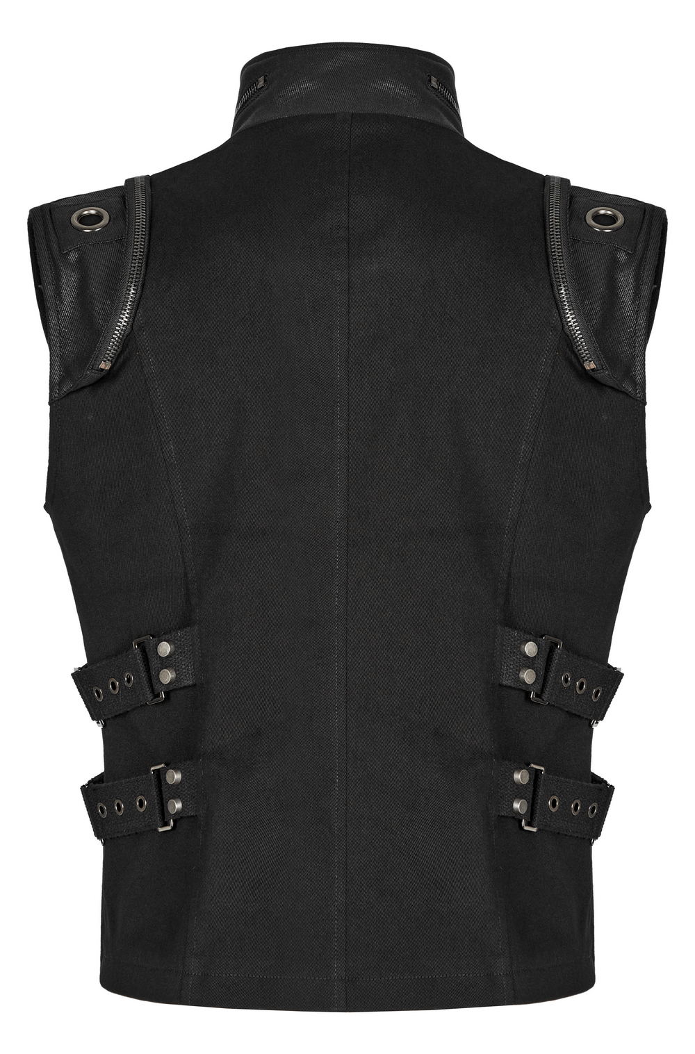 Back view of edgy black gothic vest with zippered shoulders and buckle details, perfect for punk style outfits.