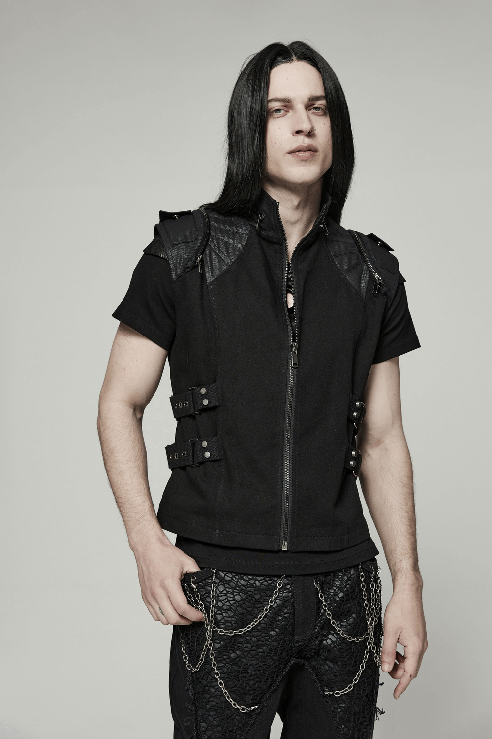 Edgy black buckle-up gothic vest for punk style with zippered front and shoulder details.