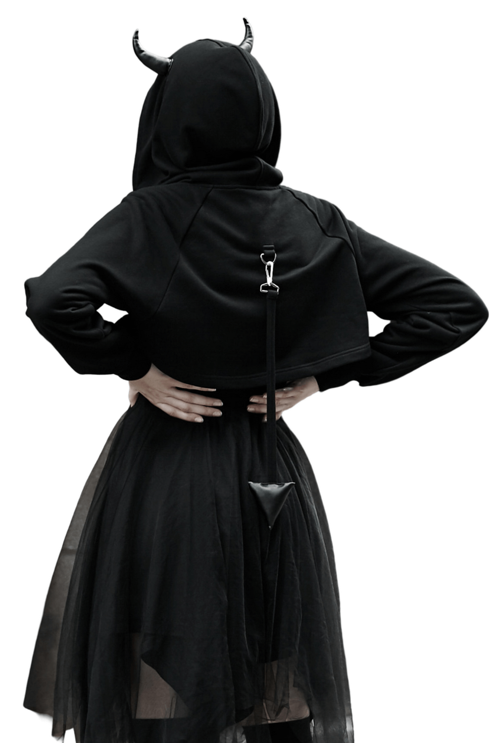 Edgy black crop hoodie with devil horns and detachable tail, perfect for a bold and stylish look.