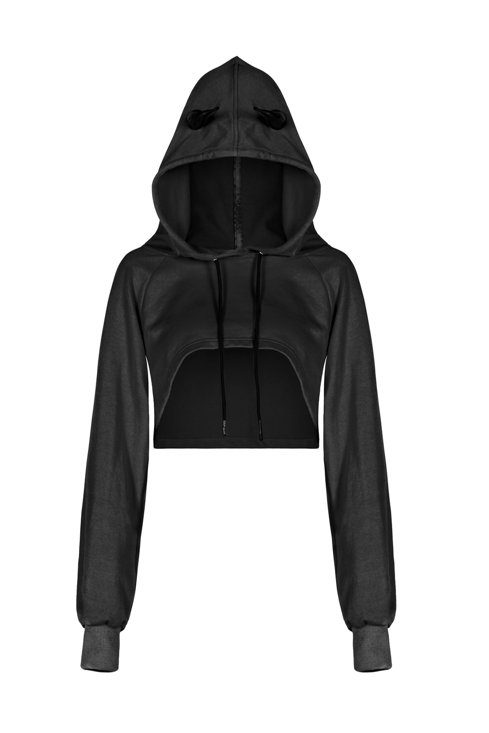 Edgy black crop hoodie featuring devil horns, stylish design, perfect for a night out or casual wear.