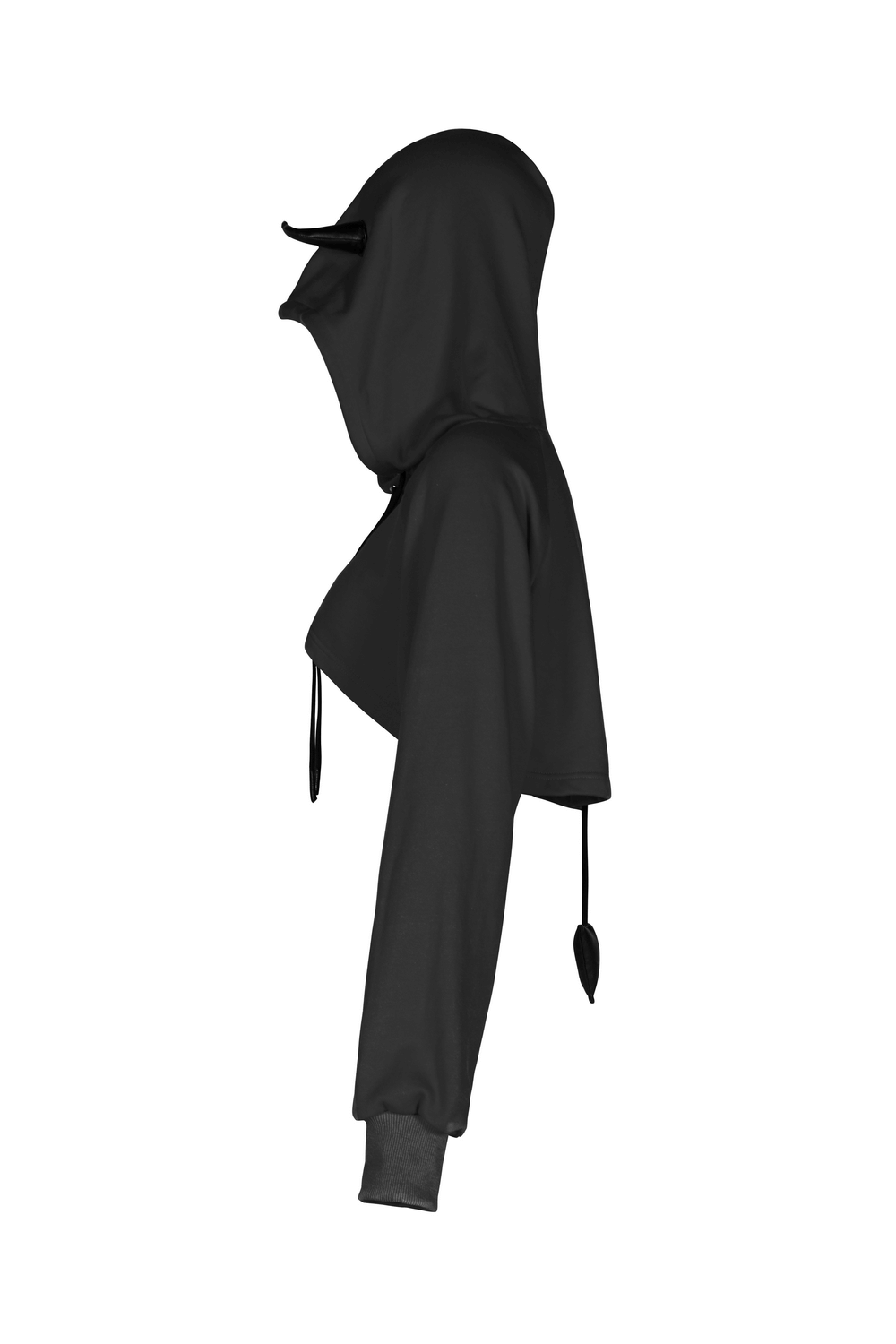 Edgy black crop hoodie with devil horns and detachable tail, perfect for a standout look.