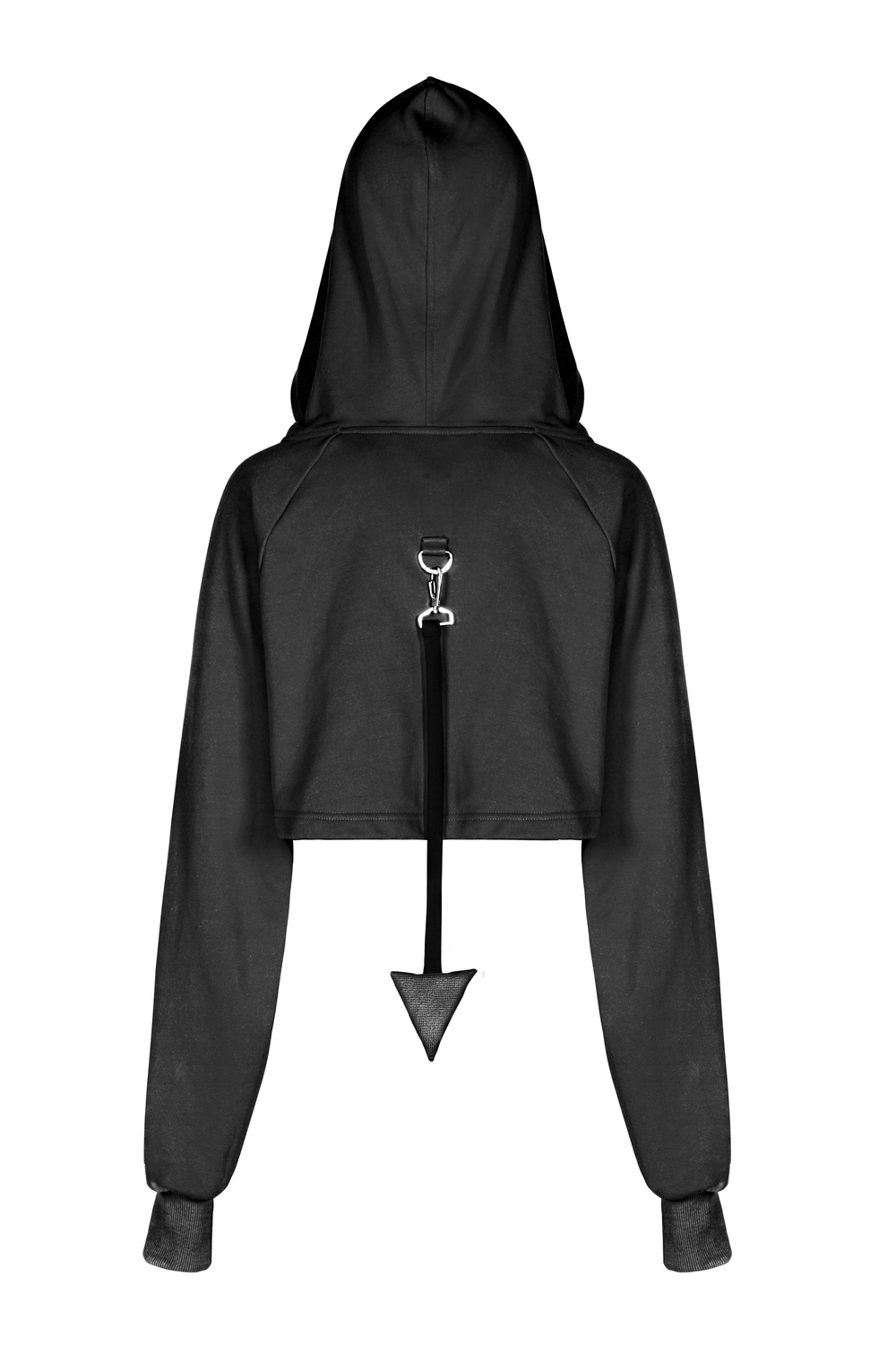 Edgy black crop hoodie with devil horns and detachable tail, perfect for a night out or casual look.