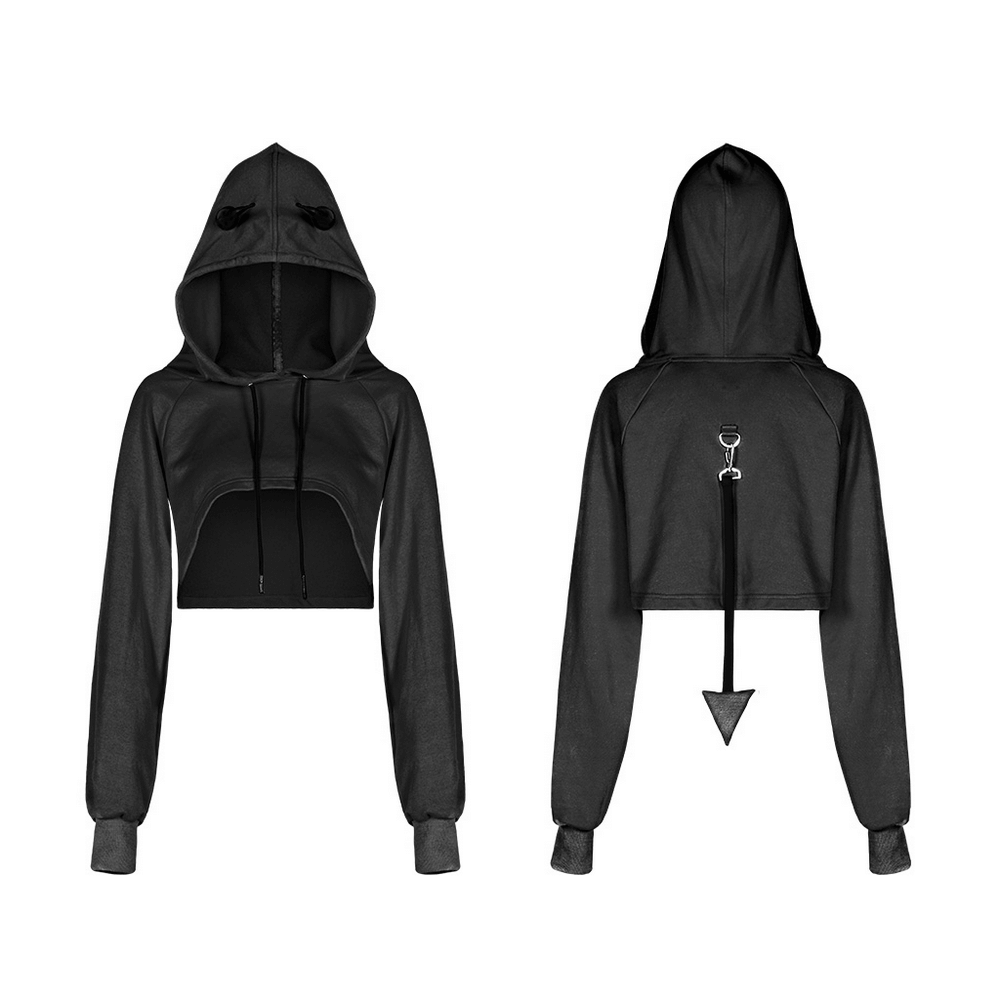 Edgy black crop hoodie with devil horns and detachable tail, perfect for a stylish night out or casual day.