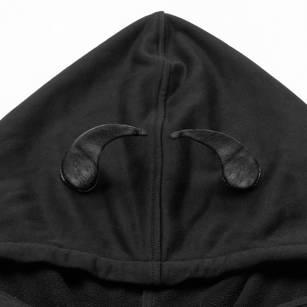 Close-up of the edgy black hoodie featuring devil horns on the hood, perfect for a standout rockstar look.
