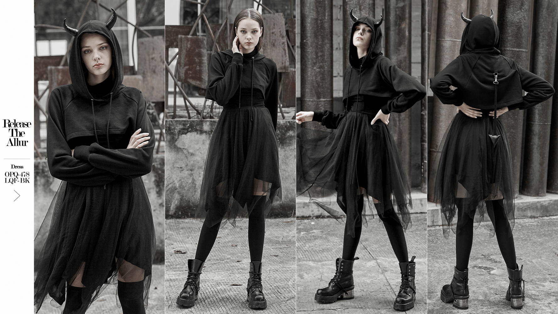 Edgy black crop hoodie with devil horns and detachable tail, stylishly paired with a tulle skirt for a rockstar look.