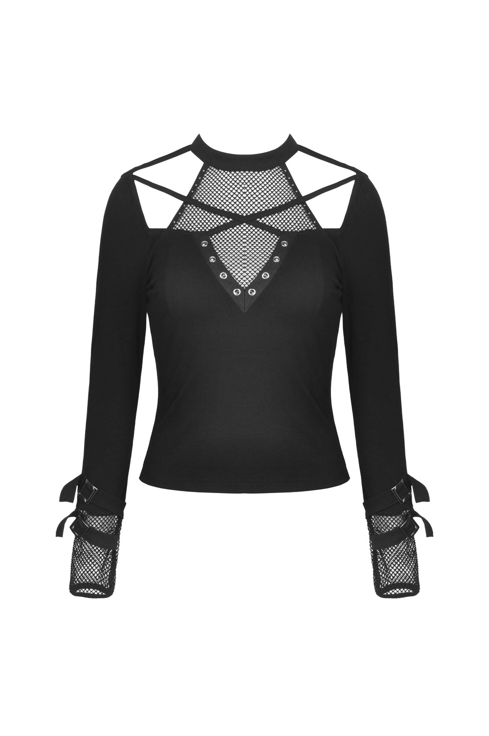 Edgy Black Cut-Out Mesh-Panel Top with Stud Details