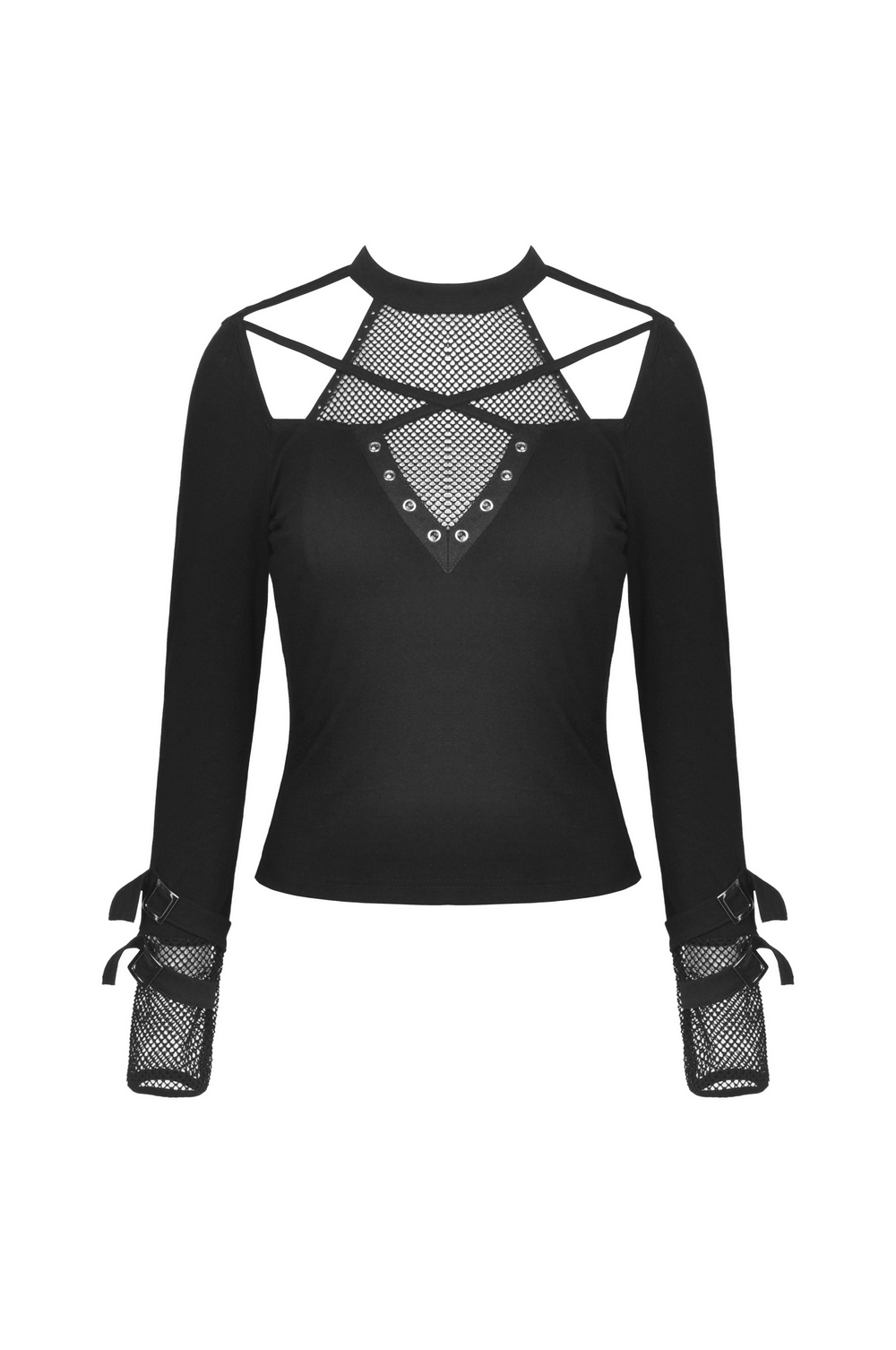 Edgy black mesh-panel top with stud details and gothic style long sleeves, perfect for a bold fashion statement.
