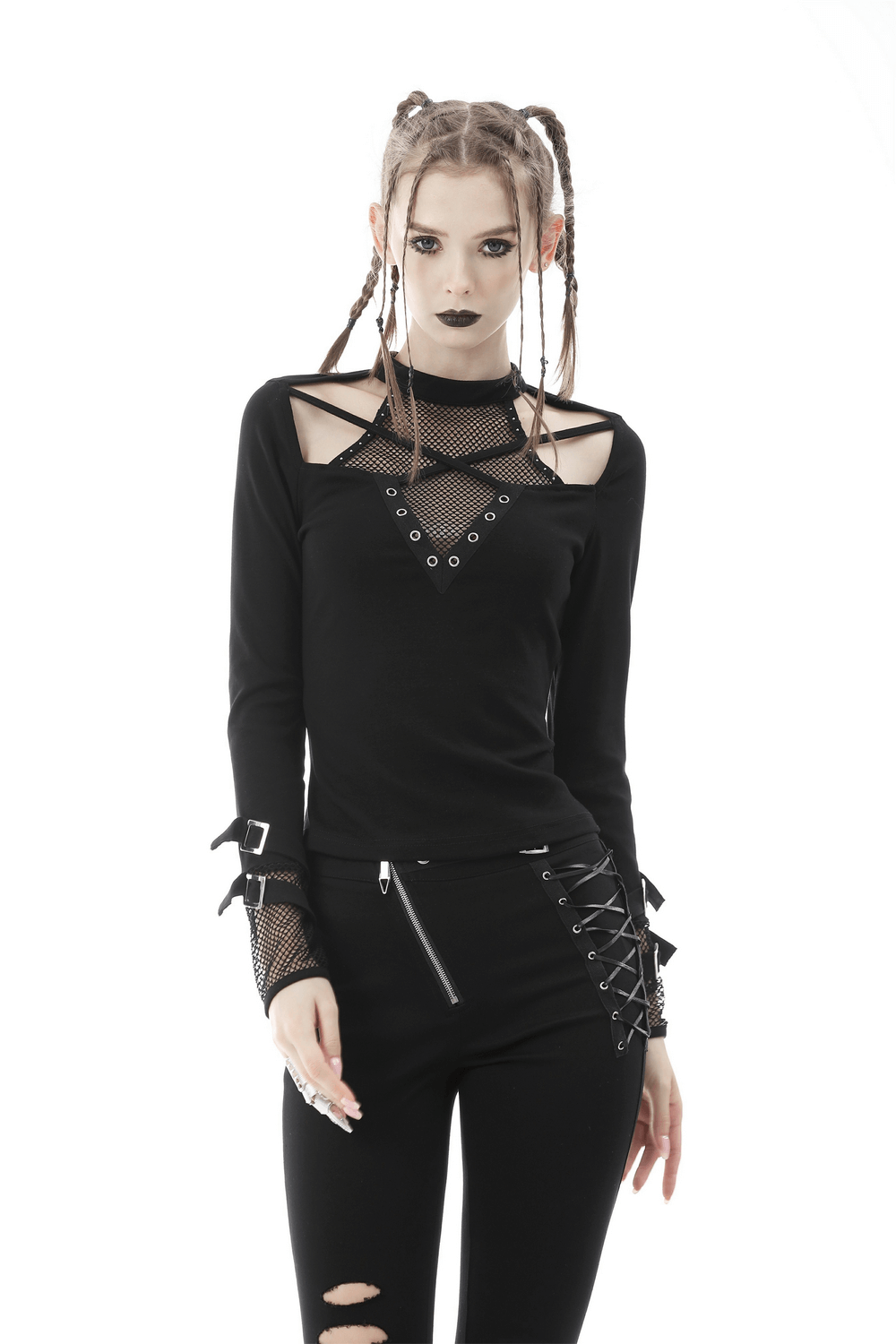 Edgy Black Cut-Out Mesh-Panel Top with Stud Details