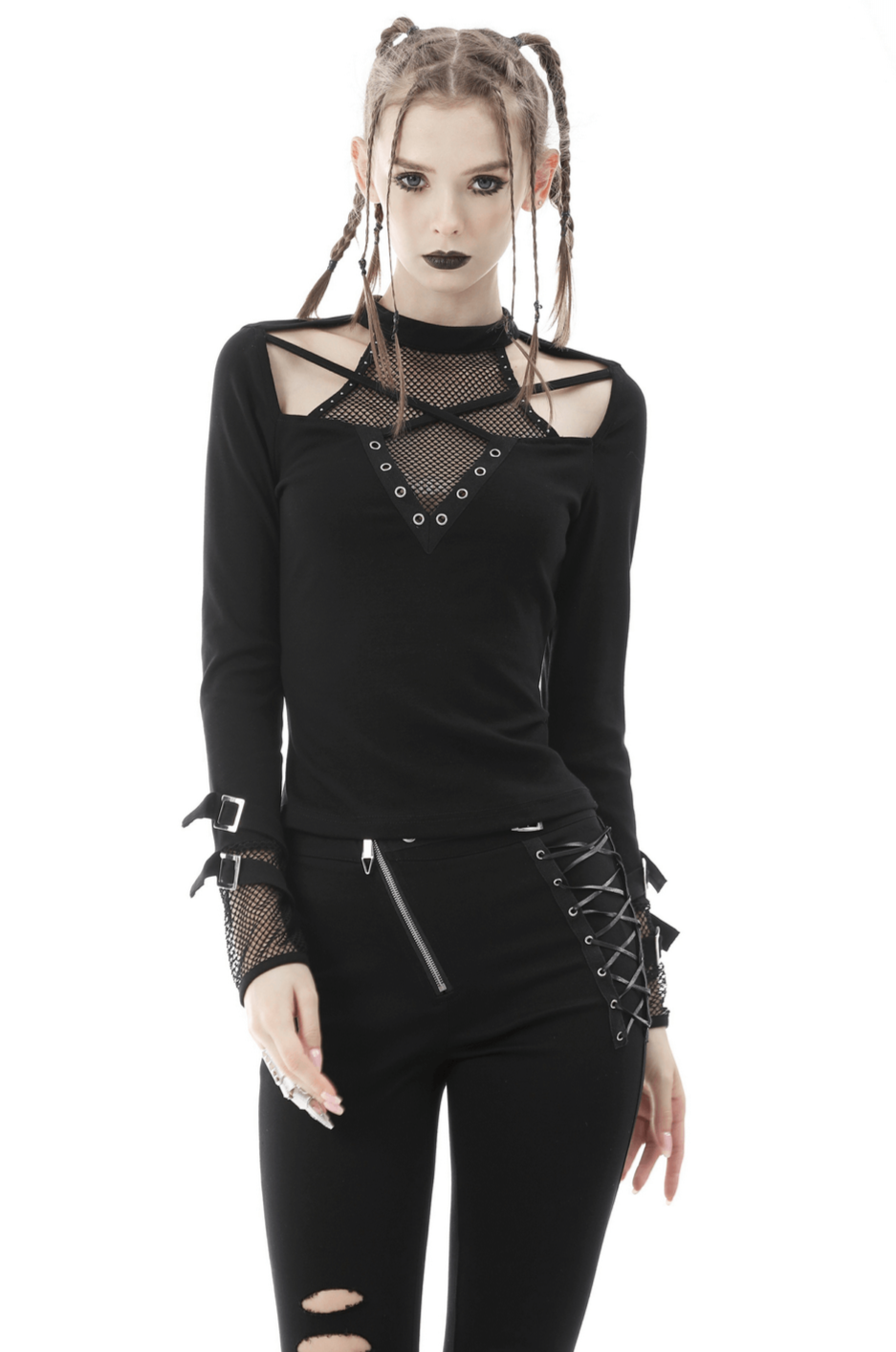 Edgy black cut-out mesh-panel top with stud details, perfect for gothic-inspired outfits.