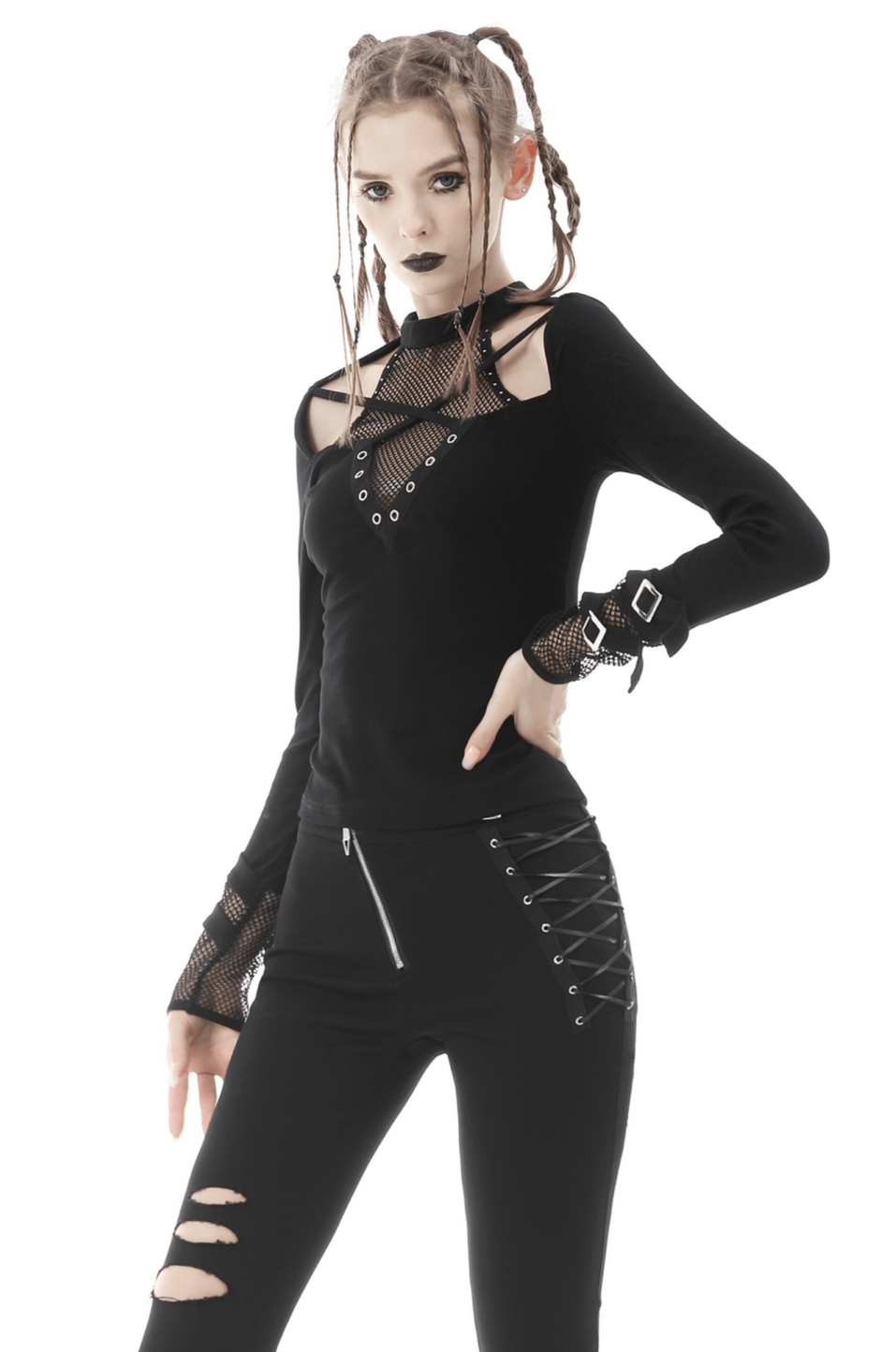 Edgy black cut-out mesh-panel top with stud details, gothic-inspired long sleeves, stylish and alluring.