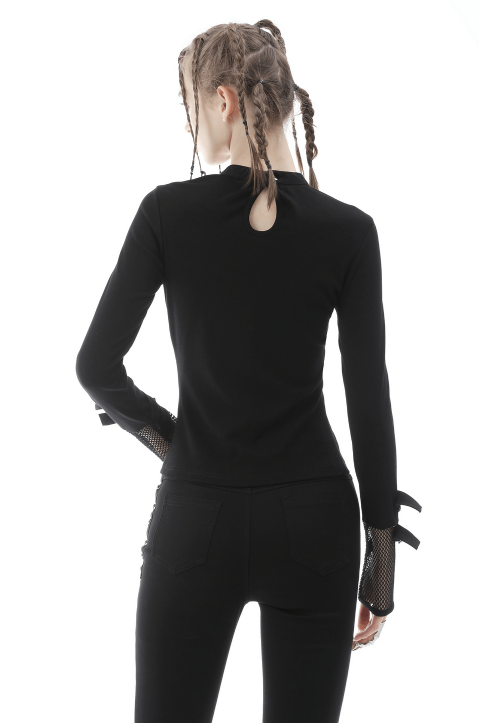 Back view of edgy black long sleeve top with mesh details and cut-outs. Perfect for gothic-inspired outfits.