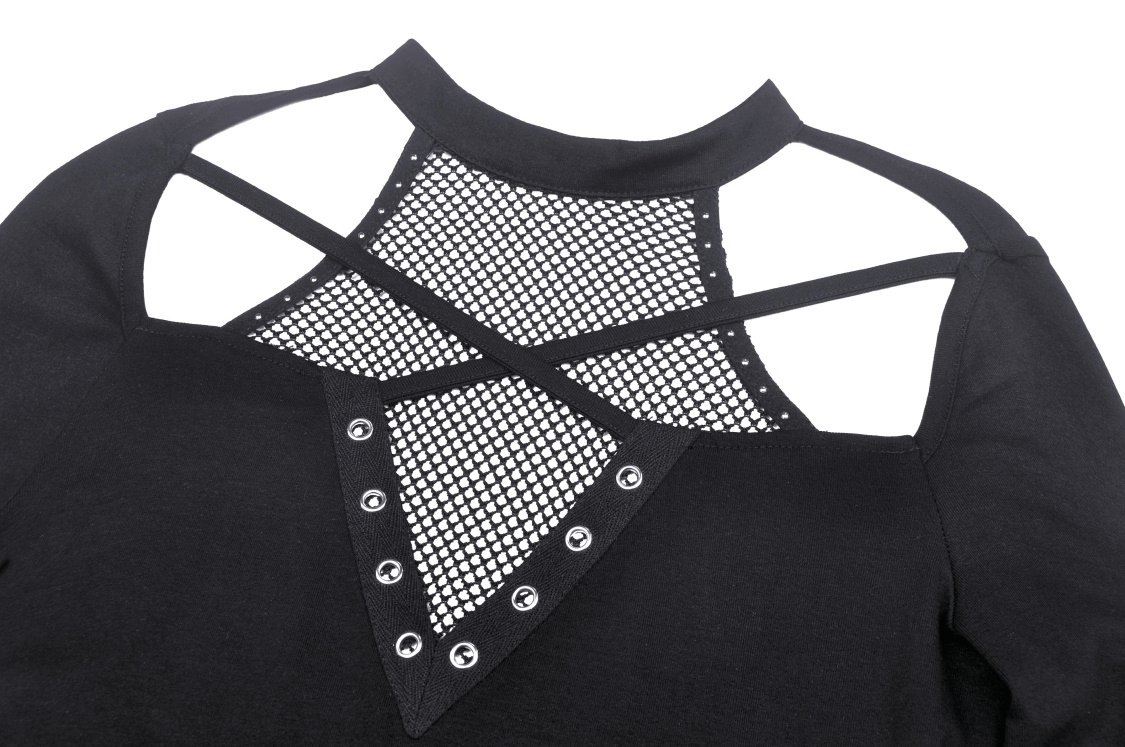 Edgy black cut-out mesh-panel top featuring stud details and gothic-inspired design for a bold look.