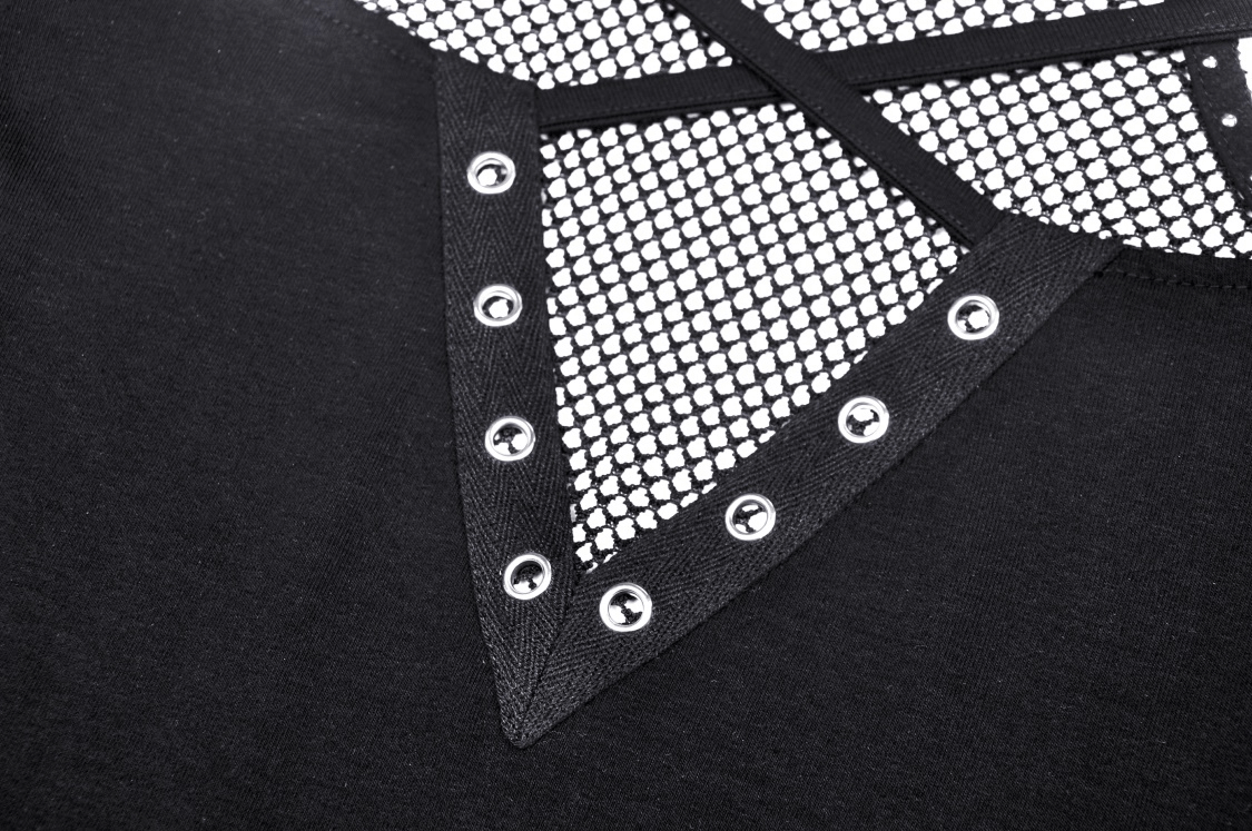 Close-up of black mesh-panel top featuring stud details, showcasing its edgy gothic-inspired design.
