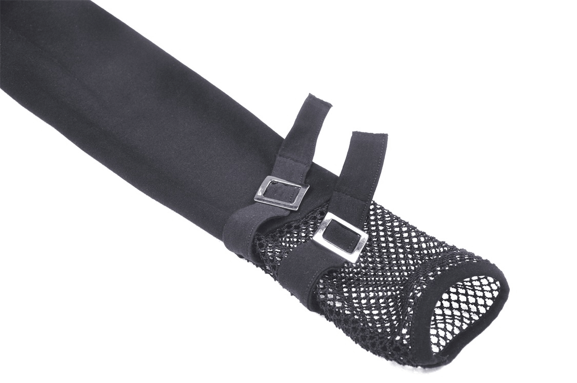 Close-up of edgy black mesh-panel sleeve with buckles, perfect for adding gothic flair to any outfit.