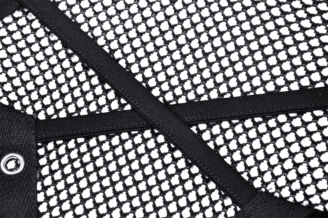 Close-up of black mesh fabric with intricate cut-out patterns, showcasing edgy design for gothic-inspired fashion.