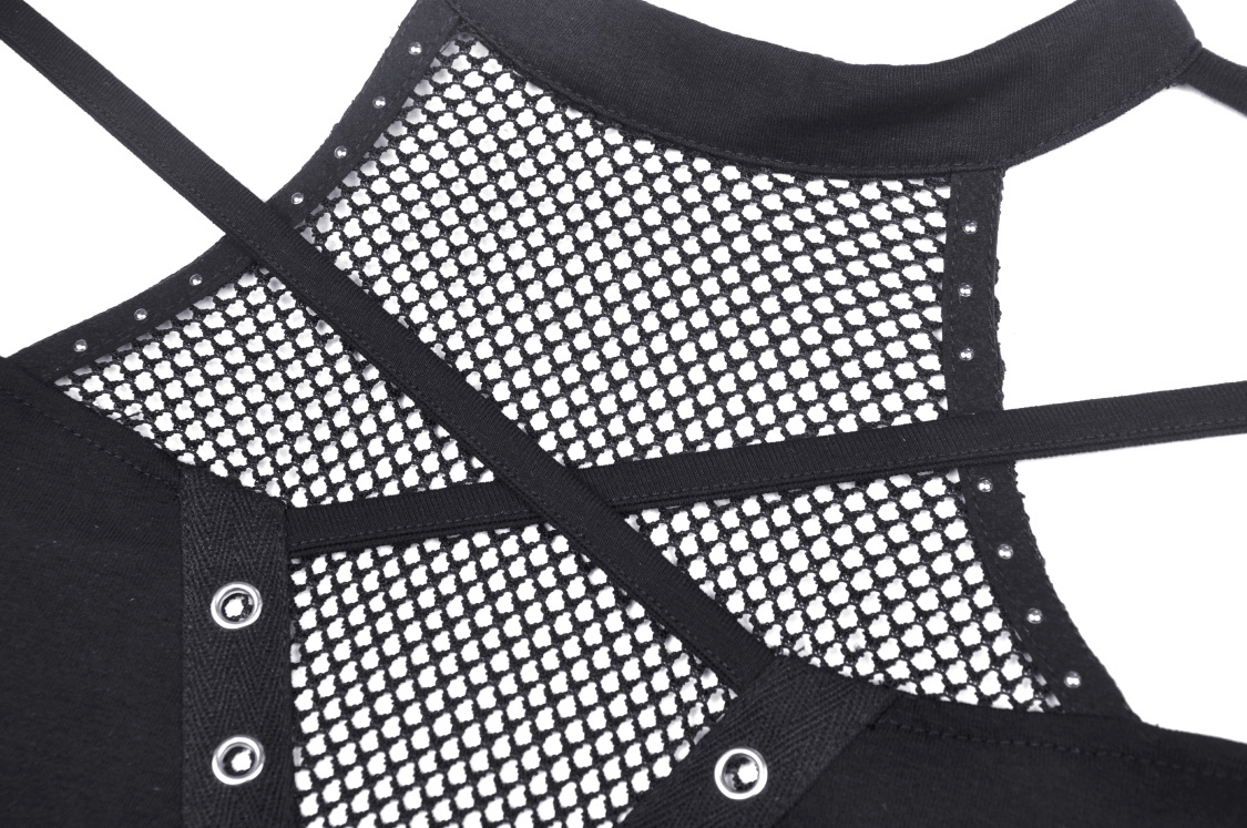 Close-up of black mesh-panel top with crisscross straps and stud details, showcasing edgy gothic style.