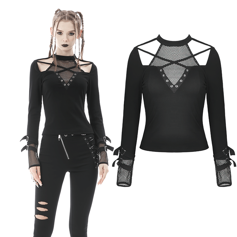 Edgy black cut-out mesh-panel top with studs, perfect for gothic style enthusiasts.