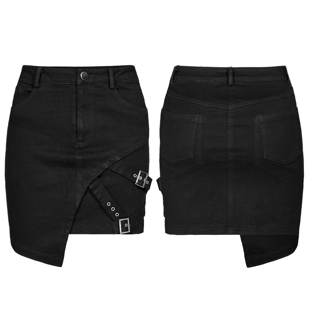 Edgy black denim mini skirt with buckle detail and asymmetrical design, perfect for punk fashion lovers.