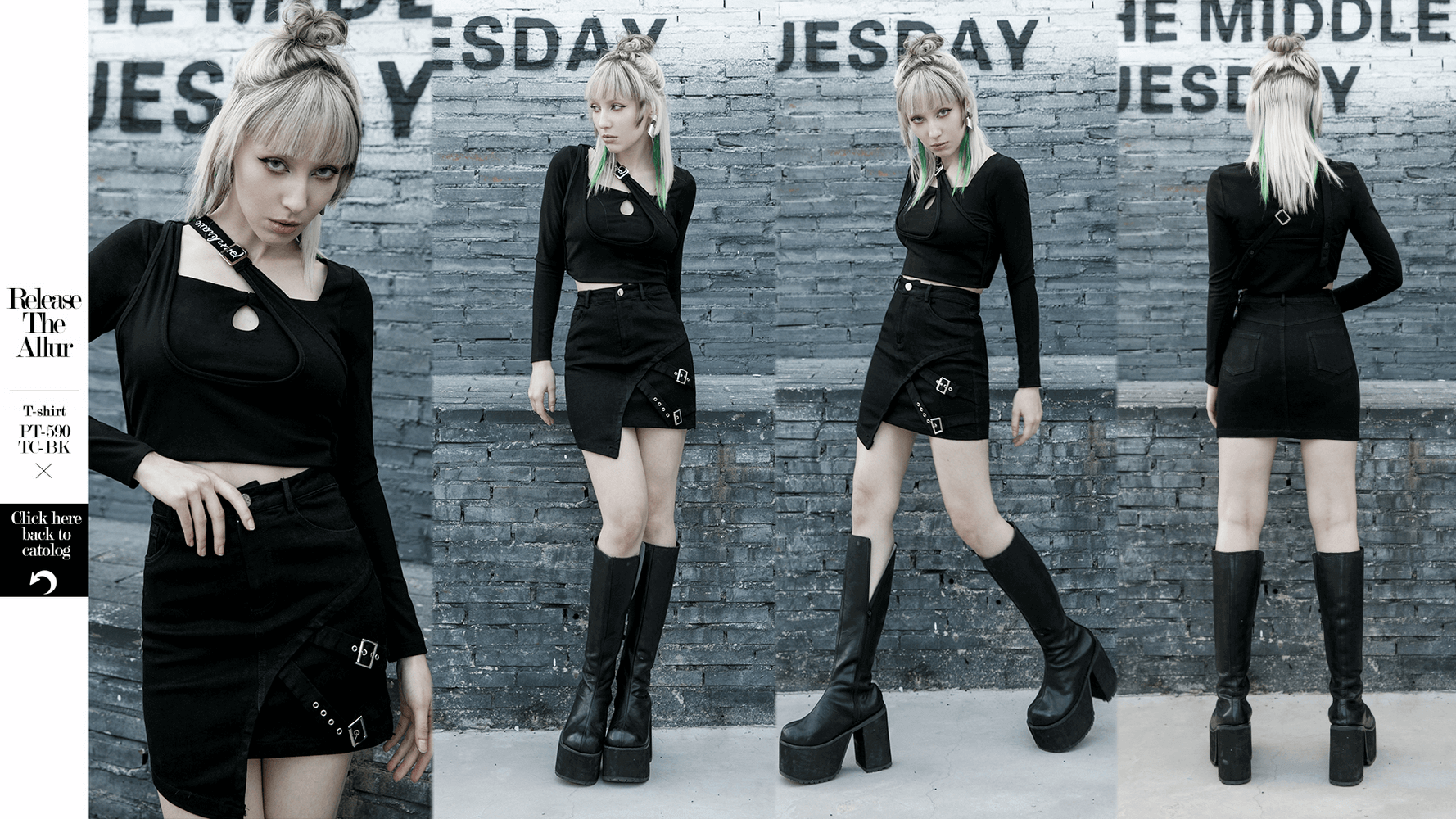 Edgy black denim mini skirt with buckle detail, styled with punk-chic top and bold knee-high boots.