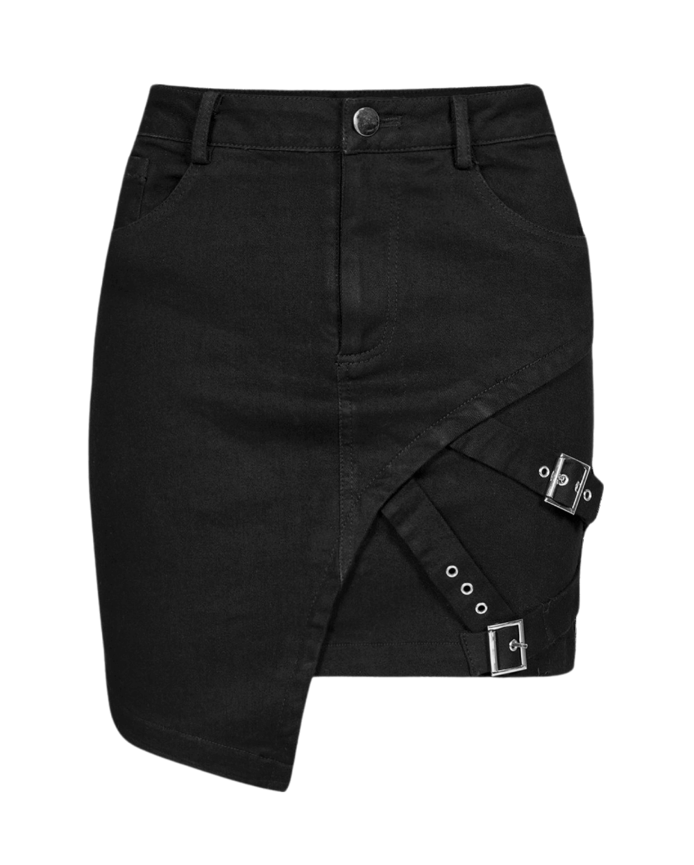 Edgy black denim mini skirt with asymmetric design and buckle details for punk-inspired fashion.