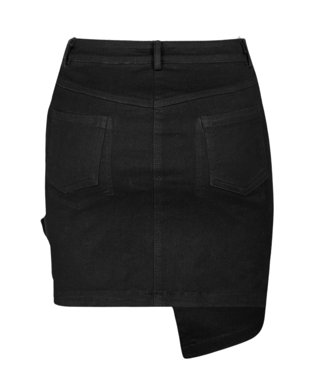 Edgy black denim mini skirt featuring asymmetric hem and buckle detail, perfect for a punk-inspired look.
