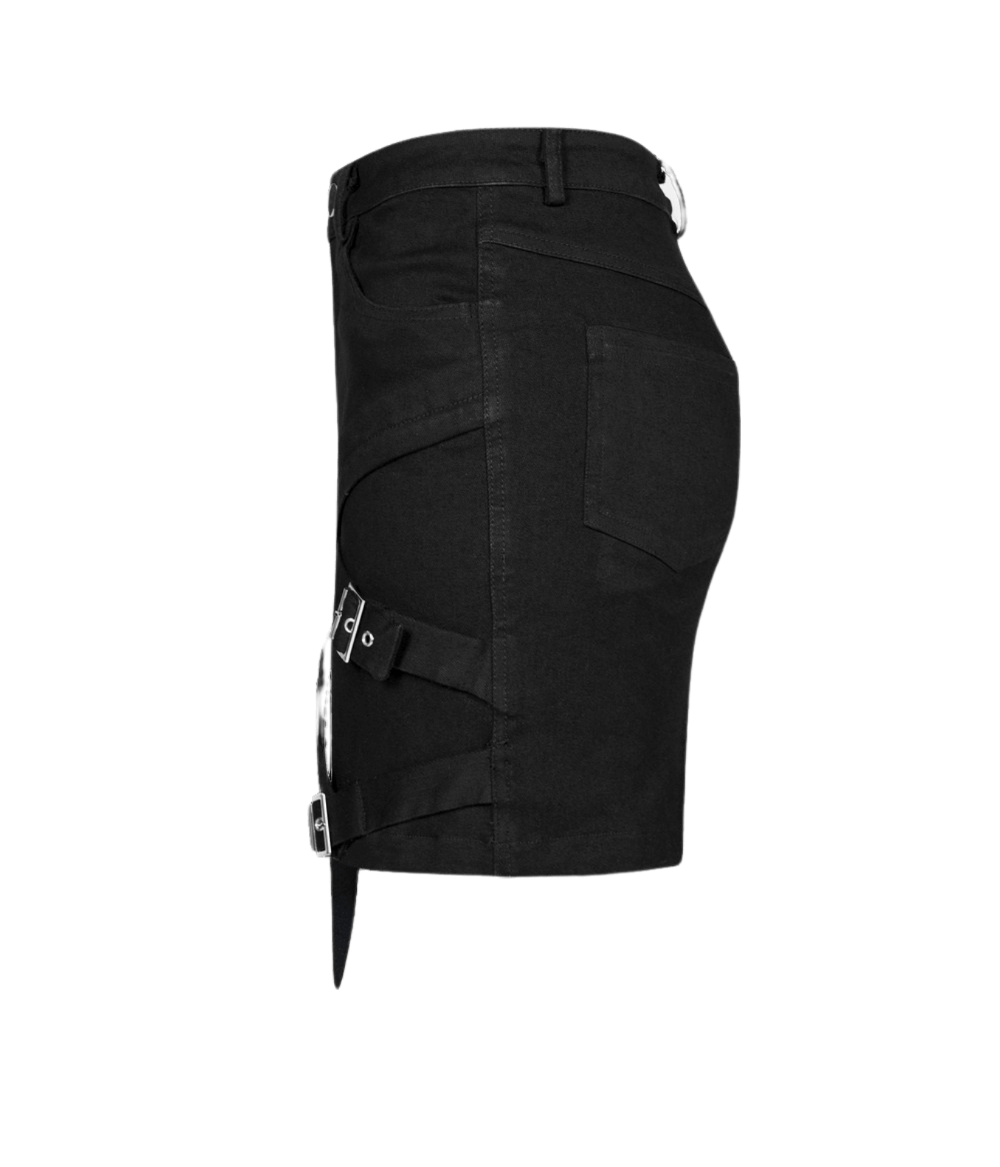 Edgy black denim mini skirt with buckle detail and asymmetric design, perfect for punk fashion lovers.