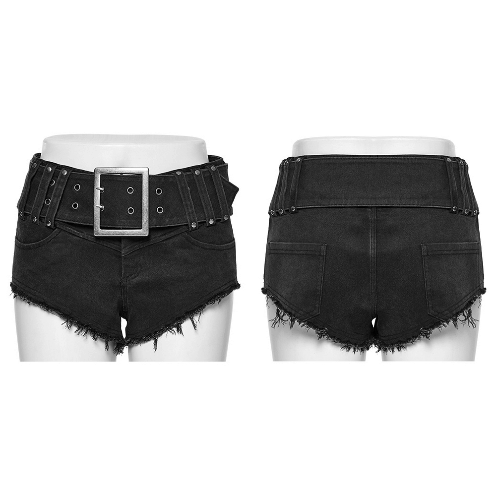 Edgy black denim shorts with metal buckle, frayed hem, and punk style on display from the back and front.