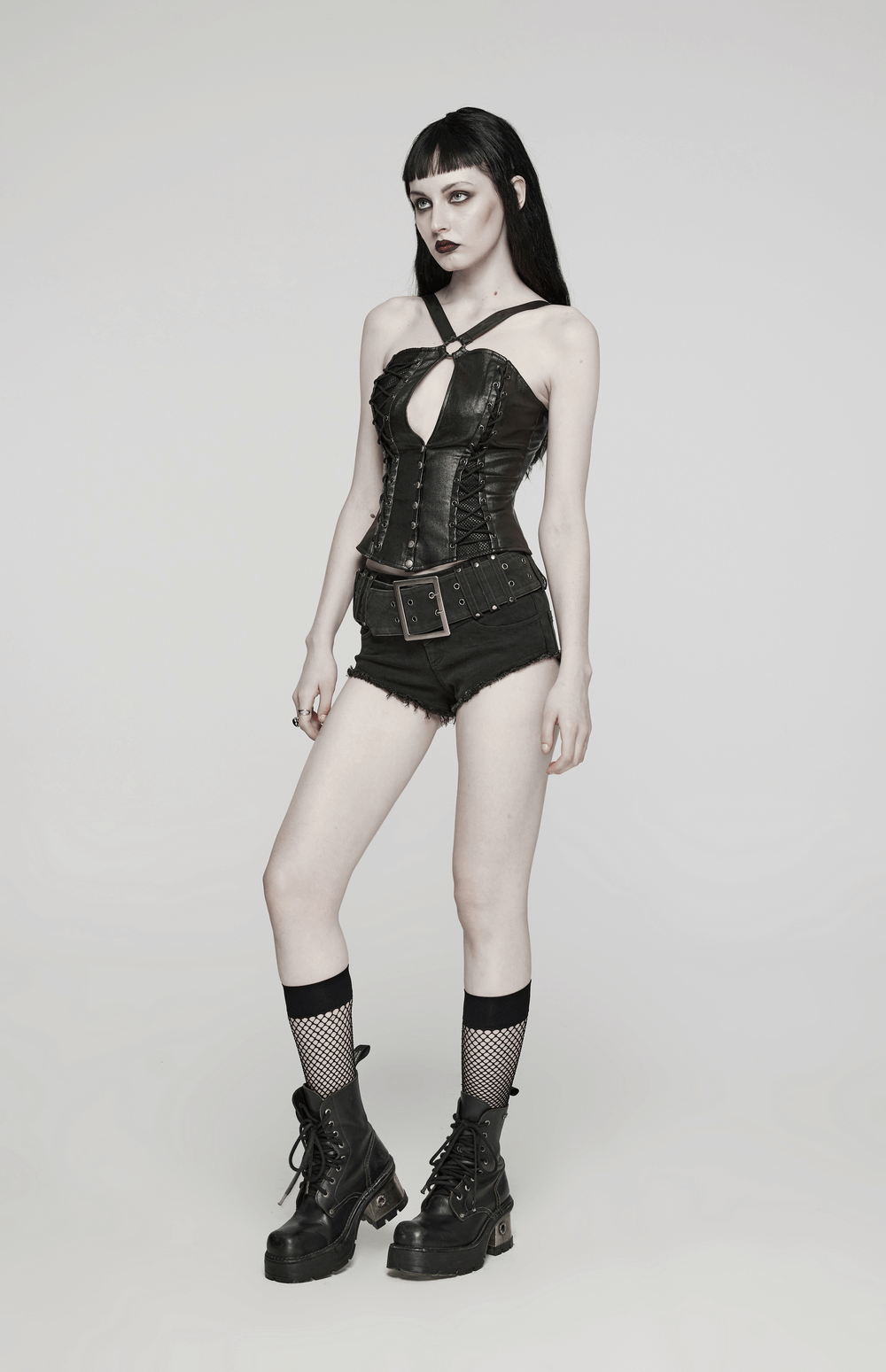 Edgy black denim shorts with a metal buckle, paired with a stylish corset and combat boots for a punk vibe.
