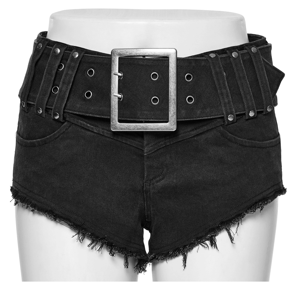 Edgy black denim shorts with metal buckle and frayed hem for a punk style look.