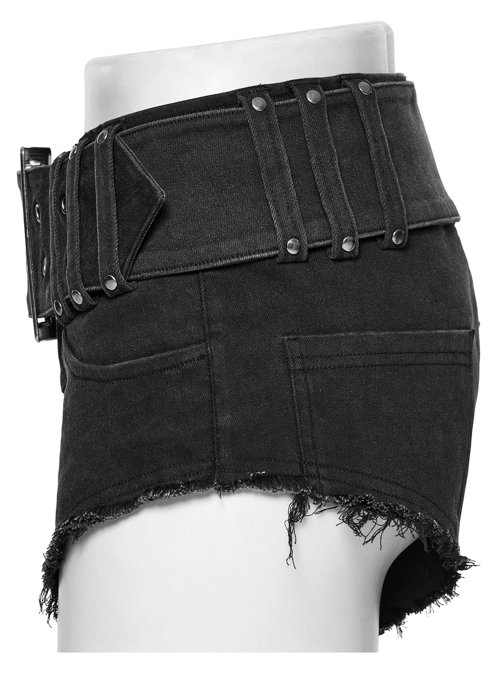 Edgy black denim shorts with frayed hem and metal buckle, perfect for a punk aesthetic.