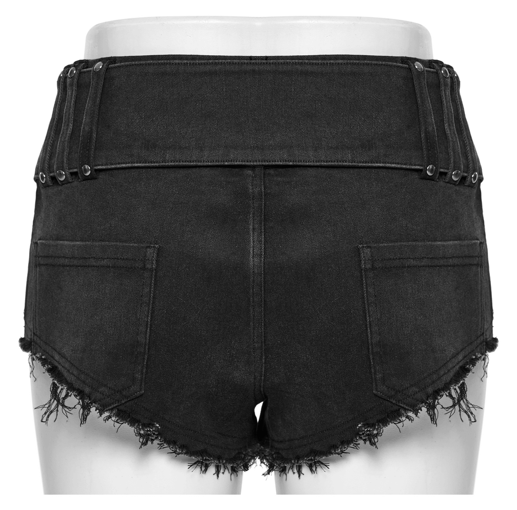 Back view of edgy black denim shorts with frayed hem, adjustable metal buckle, and pockets for a punk look.