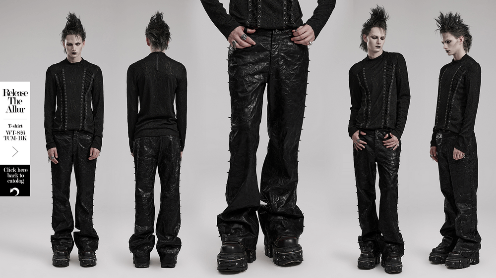 Edgy Black Faux Leather Spiked Goth Pants for Punk Fashion