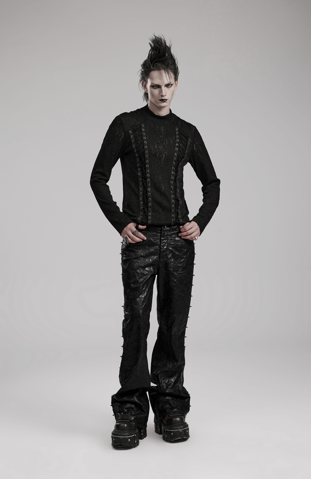 Edgy Black Faux Leather Spiked Goth Pants for Punk Fashion