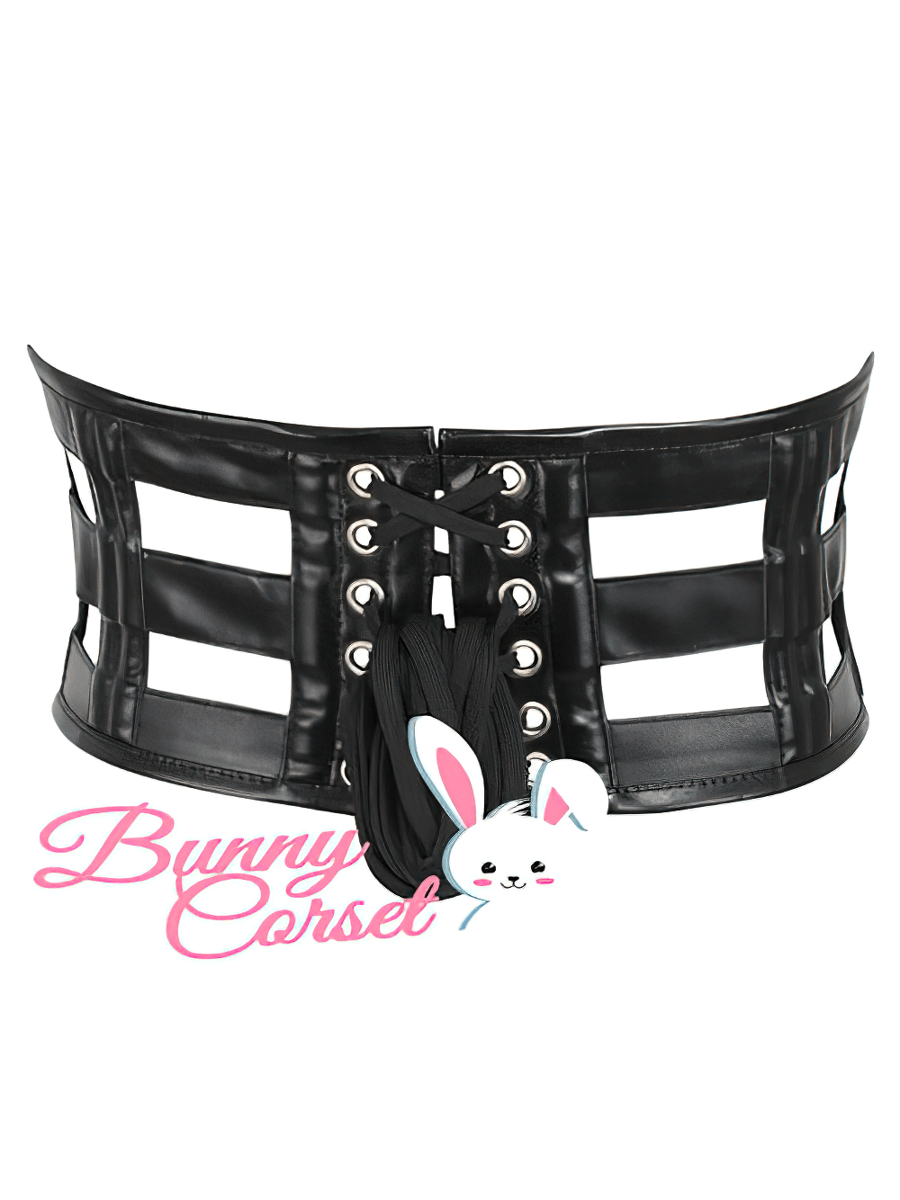 Edgy black faux leather waist cincher corset belt with cage design and adjustable lacing for a gothic look.