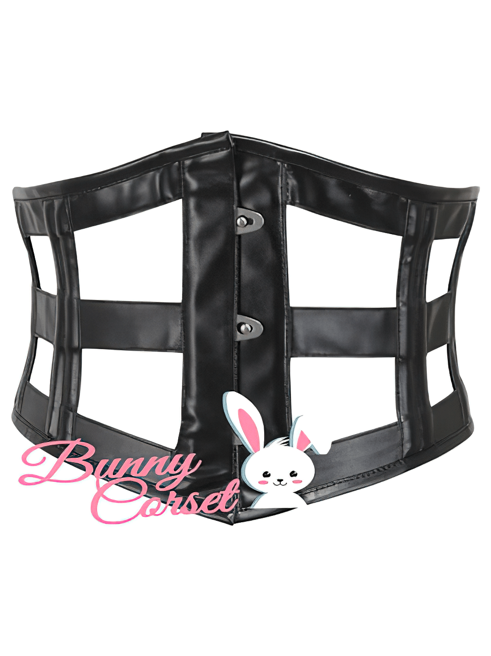 Edgy black faux leather waist cincher corset belt with metal busk closure, ideal for gothic and alternative fashion.