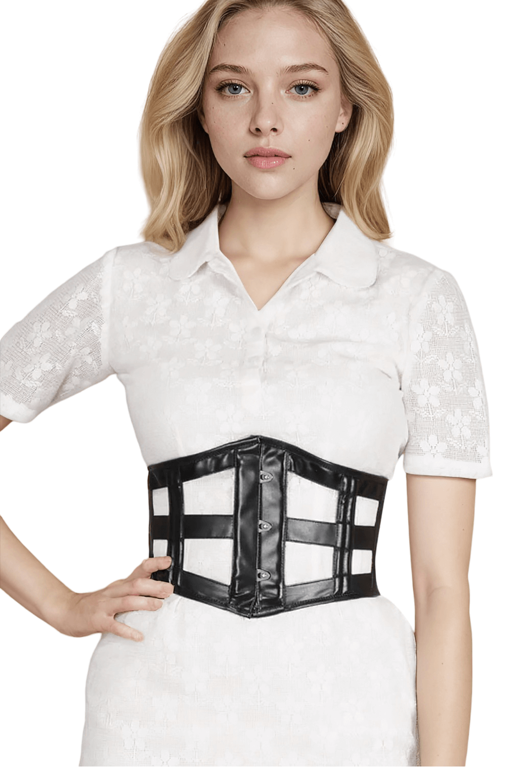 Edgy black faux leather waist cincher corset belt featuring metal busk and structured design, perfect for gothic fashion.