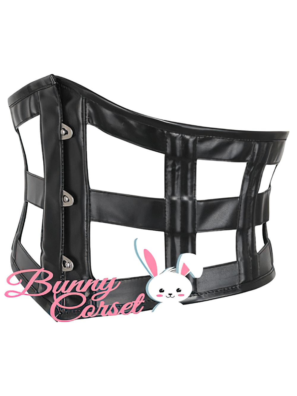 Edgy black faux leather waist cincher with cage design and metal closure, perfect for gothic fashion.