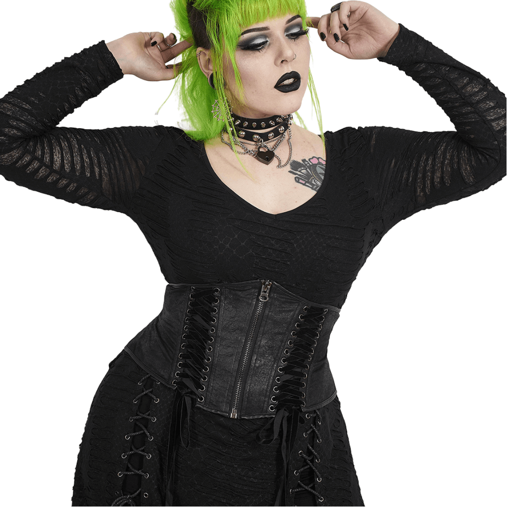 Model showcasing Edgy Black Gothic Corset Belt with lace-up design and bold green hair, highlighting gothic fashion style.