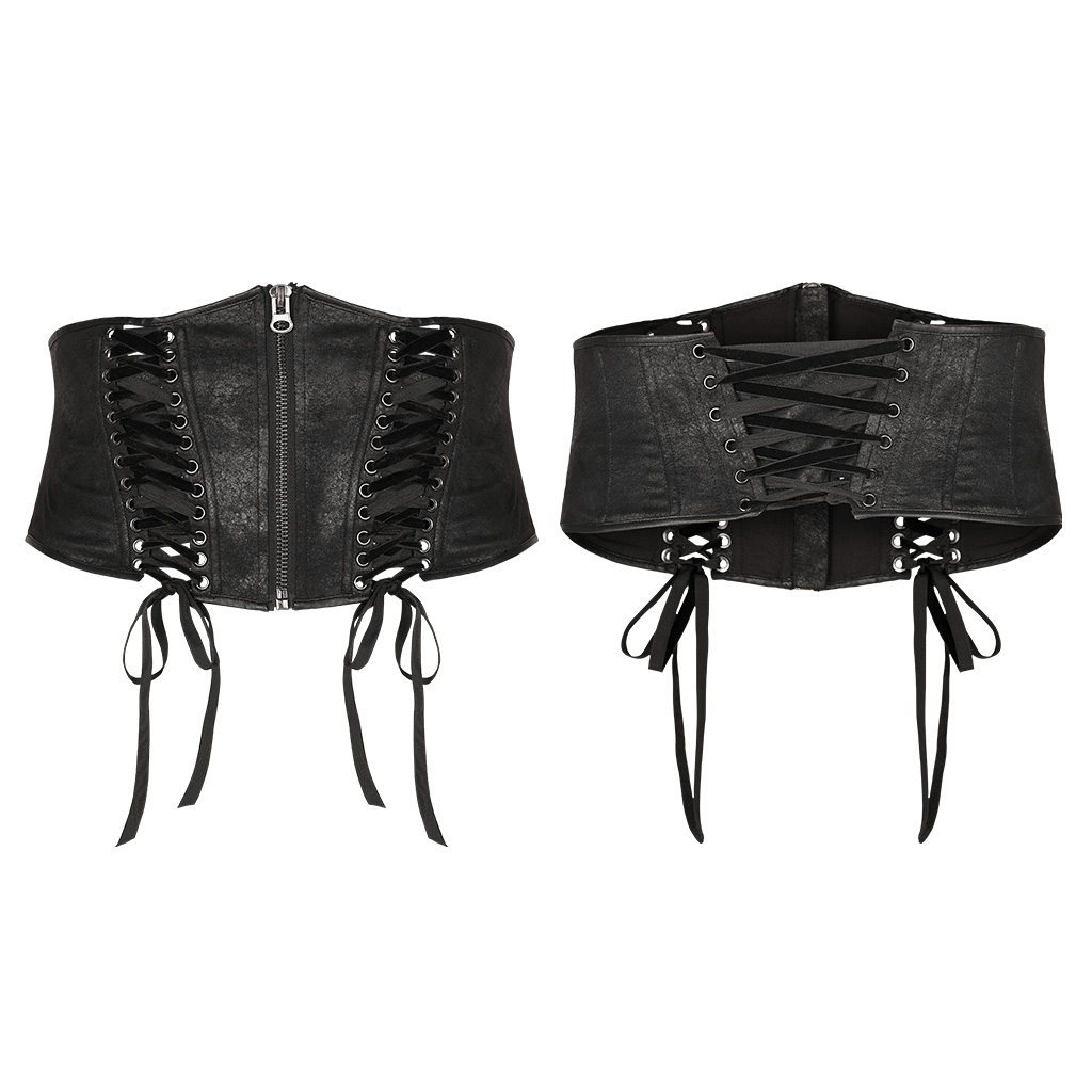 Edgy black gothic corset belt with lace-up details and sturdy metal zipper for a striking look.